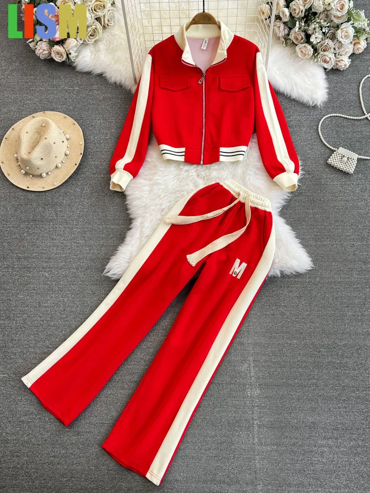 02.jpg LISM Women's tracksuit Streetwear Casual Tracksuit Two Piece Set Women Outfits Zip Up Crop Jacket Loose Wide Leg Pant Suit image