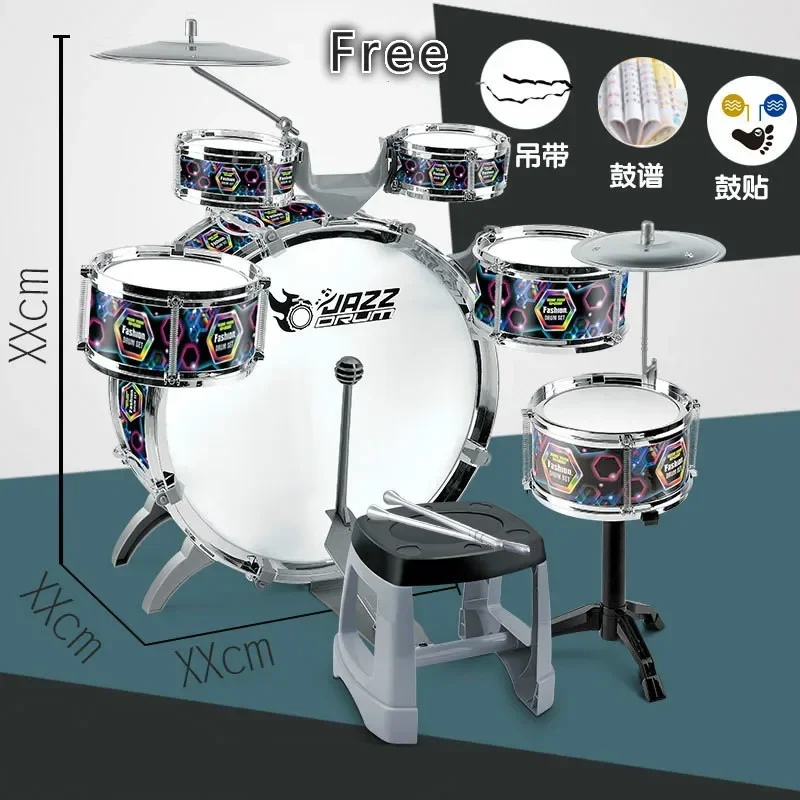 Fashion Large Children Music Jazz Drums Set ( 6 drums + 2 cymbals ) Thickened Eardrum Drum Score Seat Children percussion toys 4