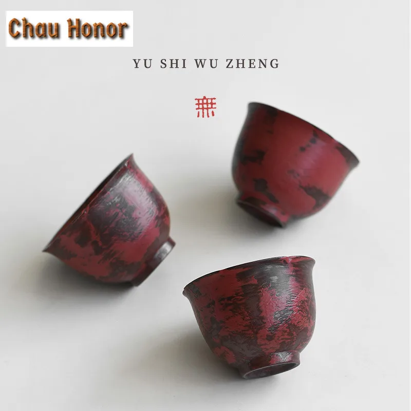 1/3pc Powder Yin Red Makeup Coarse Pottery Teacup Zen Tea Bowl Cups Tea-tasting Fragrance Cup Chazhan Master Cups Teaset 80ml