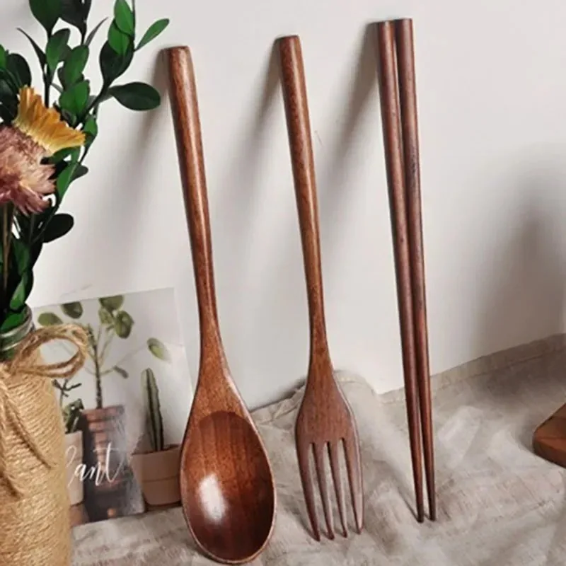 Ensemble de couverts japonais en bois réutilisables, 3 pièces, baguettes à sushi, cuillère, antidérapant, vaisselle de voyage, outils de cuisine