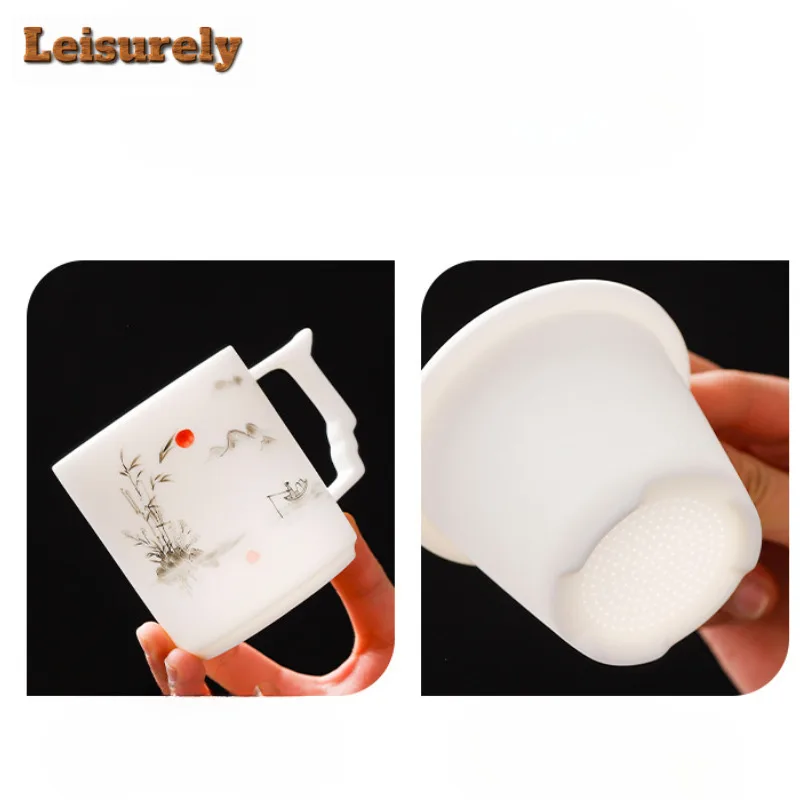 350ml Hand-painted Biscuit Firing Mutton Fat Jade Porcelain Filter Tea Separator Cup Tea Mug With Infuser Tea Brewing Water Cup