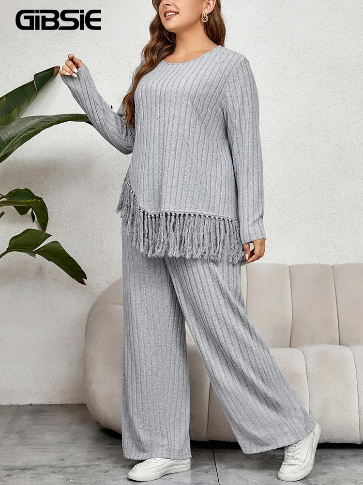 GIBSIE حجم كبير النساء المنزل نمط قطعتين الزي الخريف عادية س الرقبة طويلة الأكمام شرابة هيم القمم مع بنطال ذو قصة أرجل واسعة مجموعات