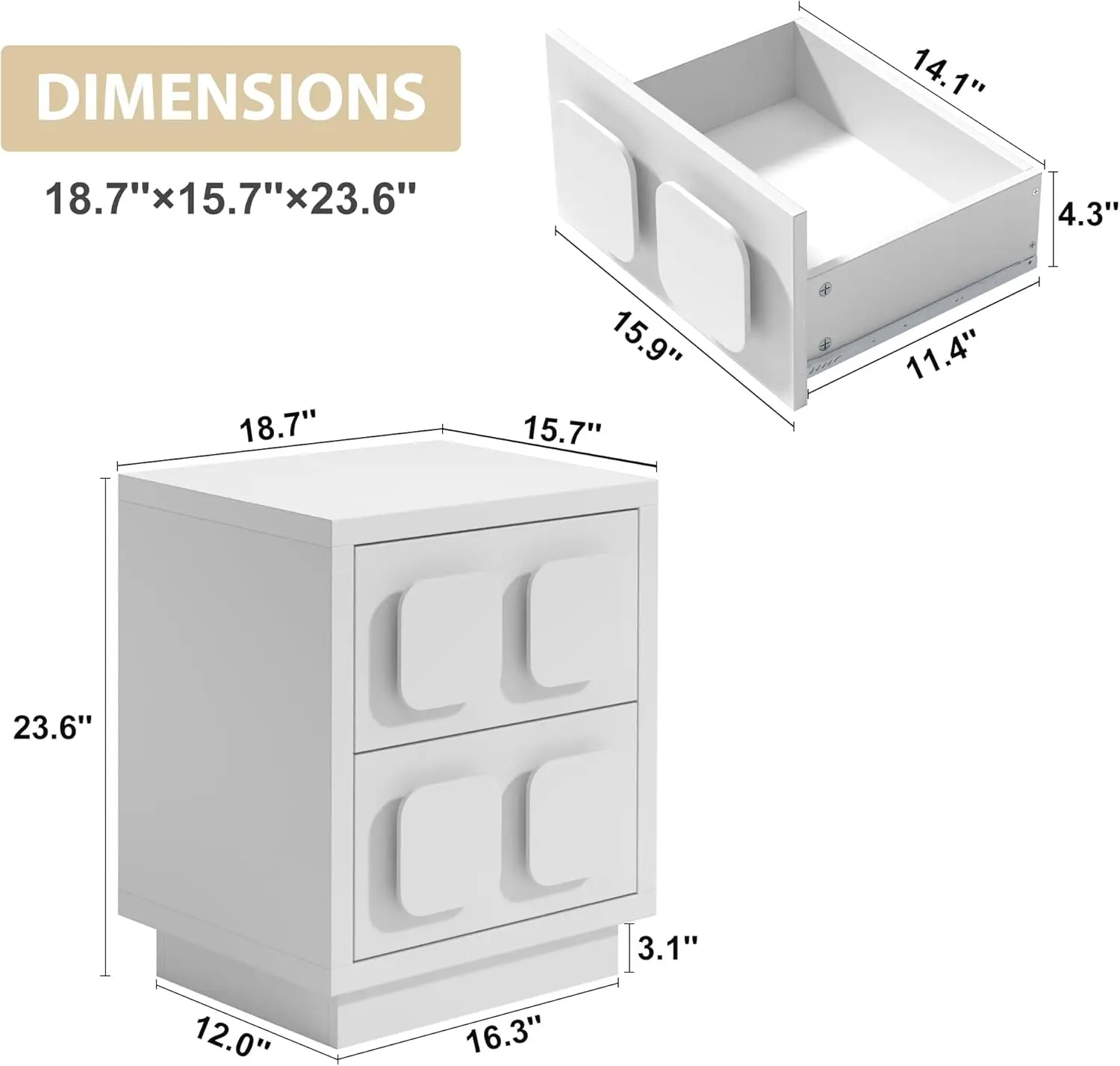 White Nightstand 23.62'' Tall,Modern Night Stand with 2 Drawers for Bedroom, Large Side End Table Chocolate Bedside Night Tables