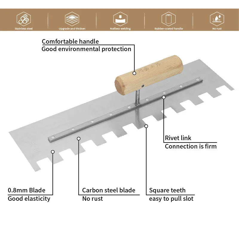Hand Tools Squared Notch Tile And Flooring Trowel 40X11CM Pro Grade Carbon Steel Trowel Ergonomic Wooden Comfort Handle