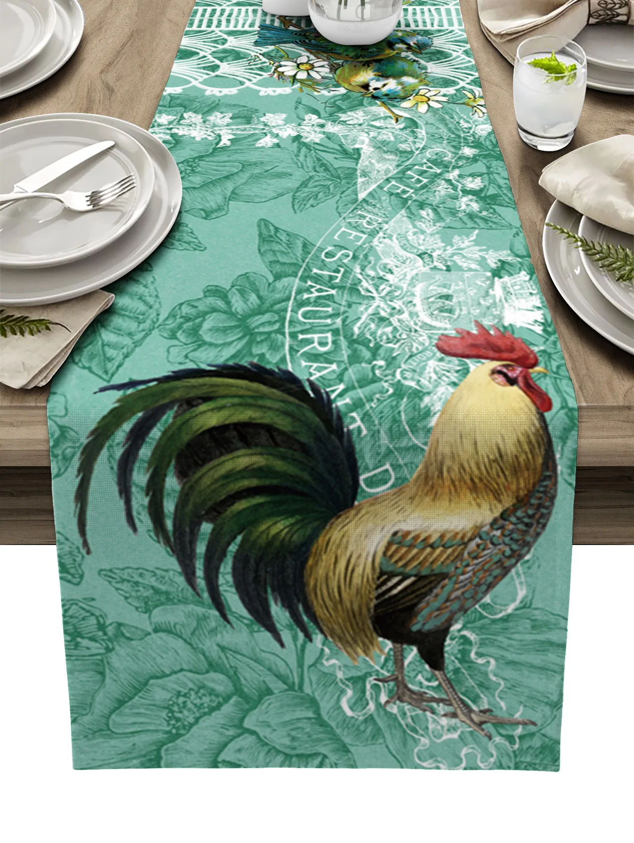 

Animal Rooster Retro Green Linen Table Runner Kitchen Table Decoration Farmhouse Dining Table Cloth Wedding Party Decor