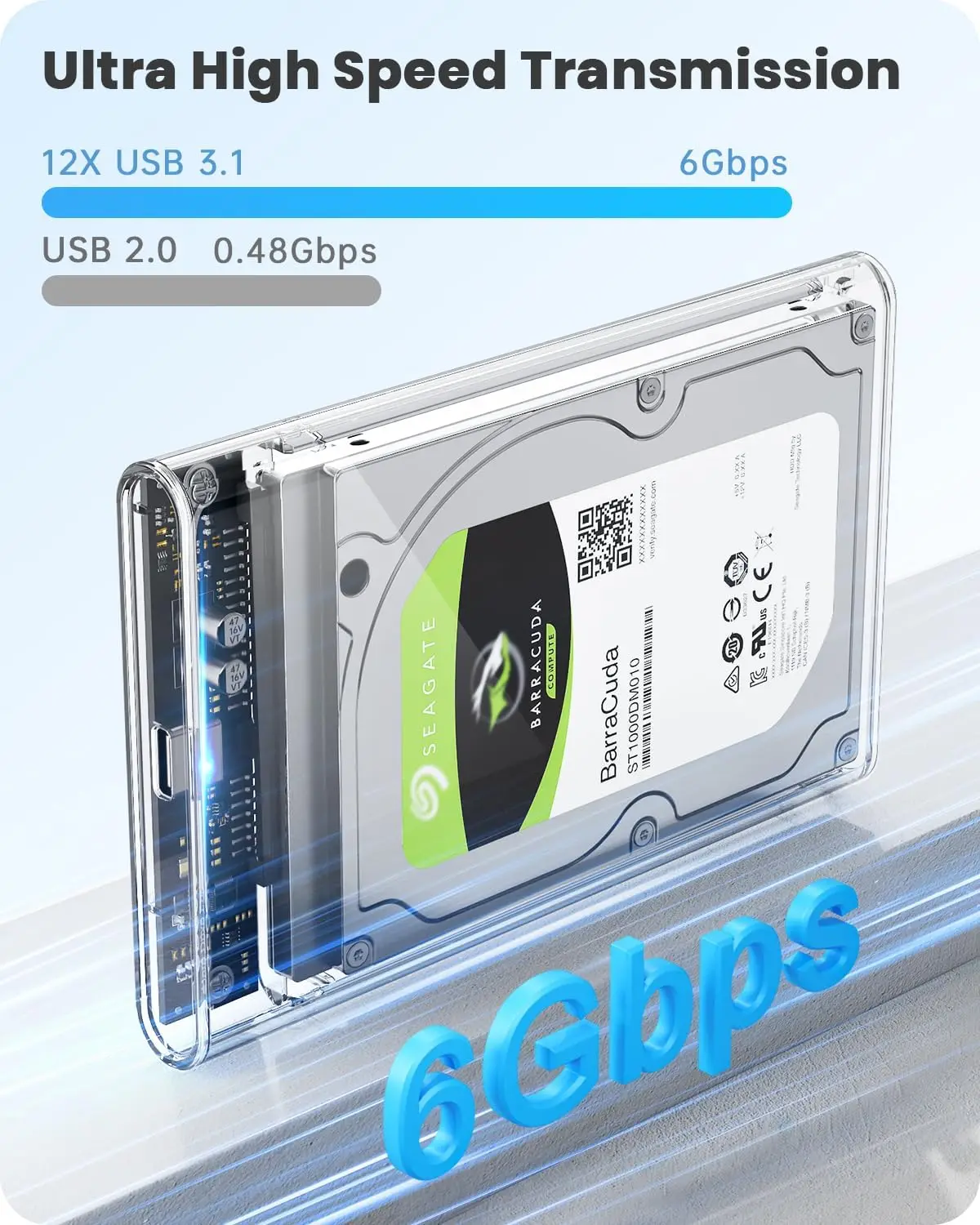 Tool-Free Clear External Hard Drive Enclosure with 6Gbps USB-C 3.1 Connectivity