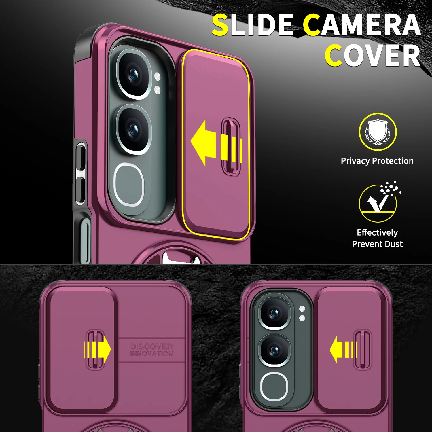 Magnetic Metal Ring Stand Armor Case with Slide Lens Protector and TPU Frame