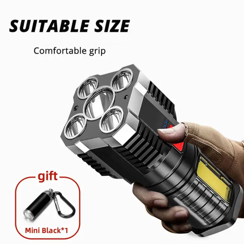 

Flashlight USB Recharge 5 LED Light COB Side Light Power Display Outdoor Portable Lamp 4 Mode Waterproof Rechargeable Torches