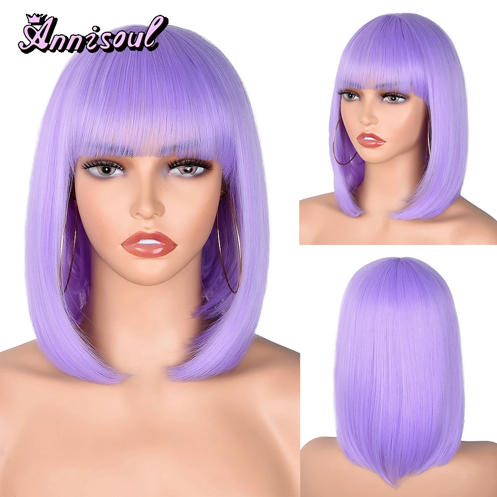 Short Straight Bob Wigs with Bang Lavender Purple Pink Natural Synthetic Hair for Women Daily Cosplay Heat Resistant Fiber Wigs