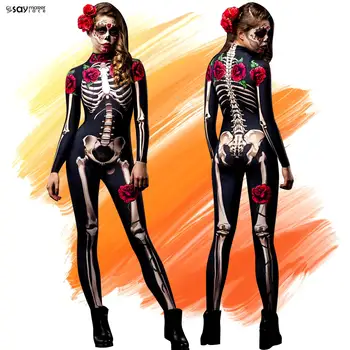 1PCS Party City Day of the Dead Catsuit Skeleton Costume Jumpsuit for Halloween Women's Halloween Costume, Dia de Los Muertos