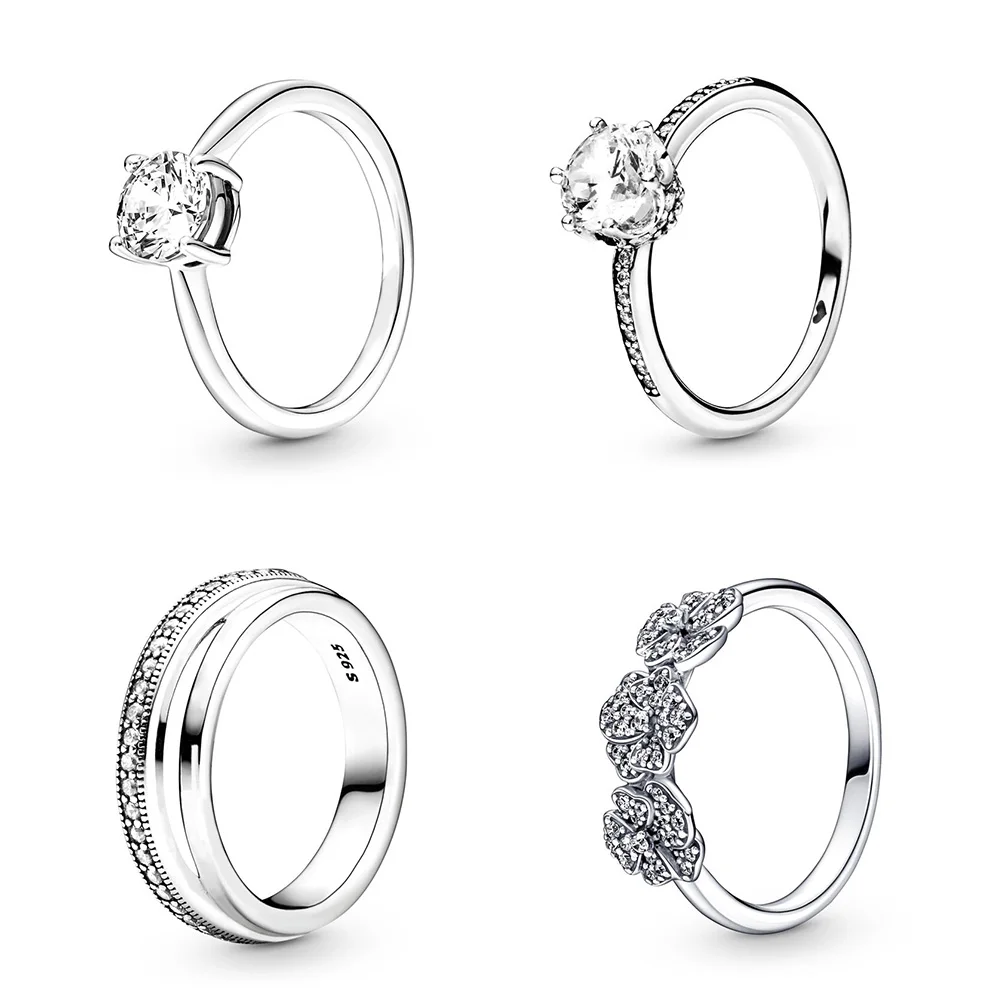 

925 Sterling Silver Ring Charms Silver Flower Diy Crystal Zircon Crystal Cz Round Finger Ring For Women Party Jewelry