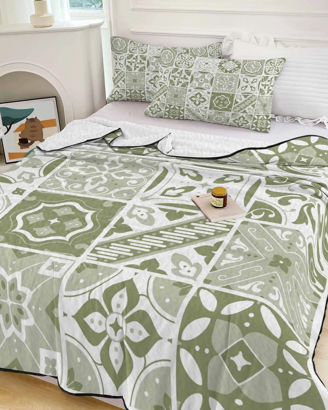 

Керамическая плитка, квадратное зеленое летнее одеяло в средиземноморском стиле с цветами, охлаждающее одеяло, комфортное легкое тонкое одеяло