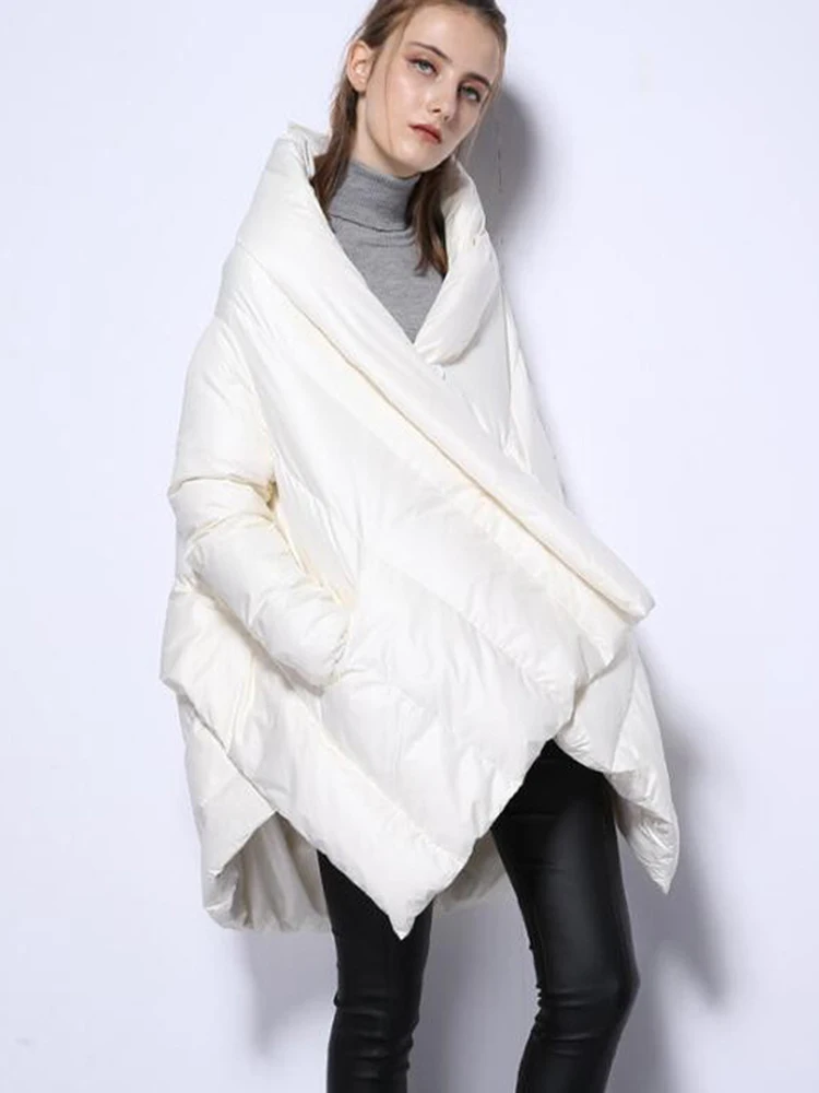 LANMREM Winter Big Size Down Coat For Women Fashion Irregular Design A-line Solid Color Loose Mid Length Clothing 2VV223