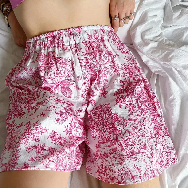 Women's Summer Casual Sleep Bottoms Elastic Waistband Floral Wide Leg Harajuku Girly Fairycore Beach Shorts Pijama Sleepwear_ecoleips.com