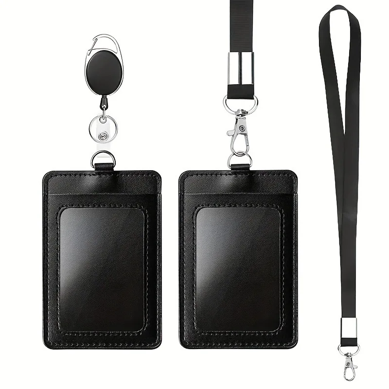 

PU Leather Certificate Work Card Holder Access Control Card Holder Staff Badge Meal Card Easy To Pull Buckle Lanyard