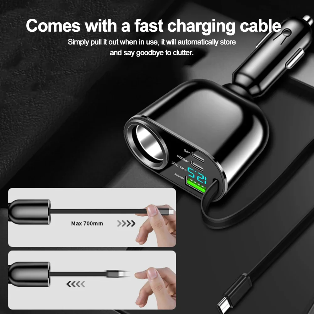 Car Charger Retractable USB Type C Fast