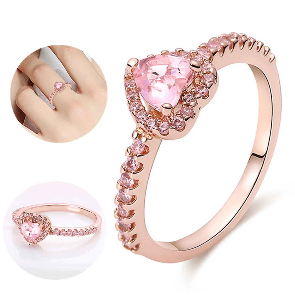 Silver Ring 925 Rose Gold Plated Zircon Sparkling Princess Wishbone Heart Women Jewelry