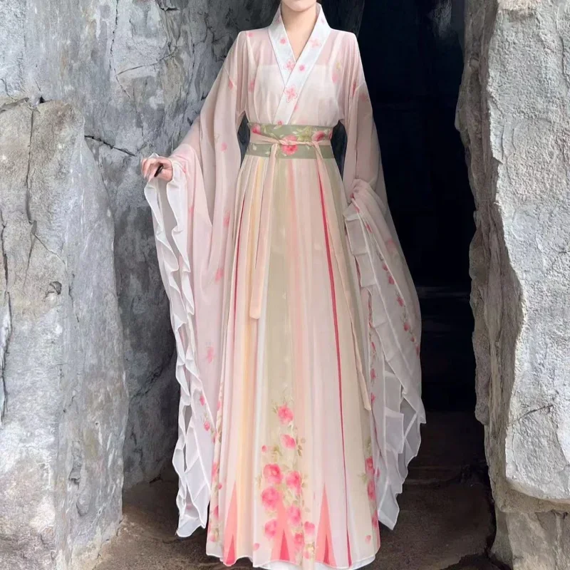 

Chinese Style WeiJin Dynasty Hanfu Dress Set Women Traditional Elegnat Floral Print Fairy Long Robe Cosplay Female Cosplay Suit