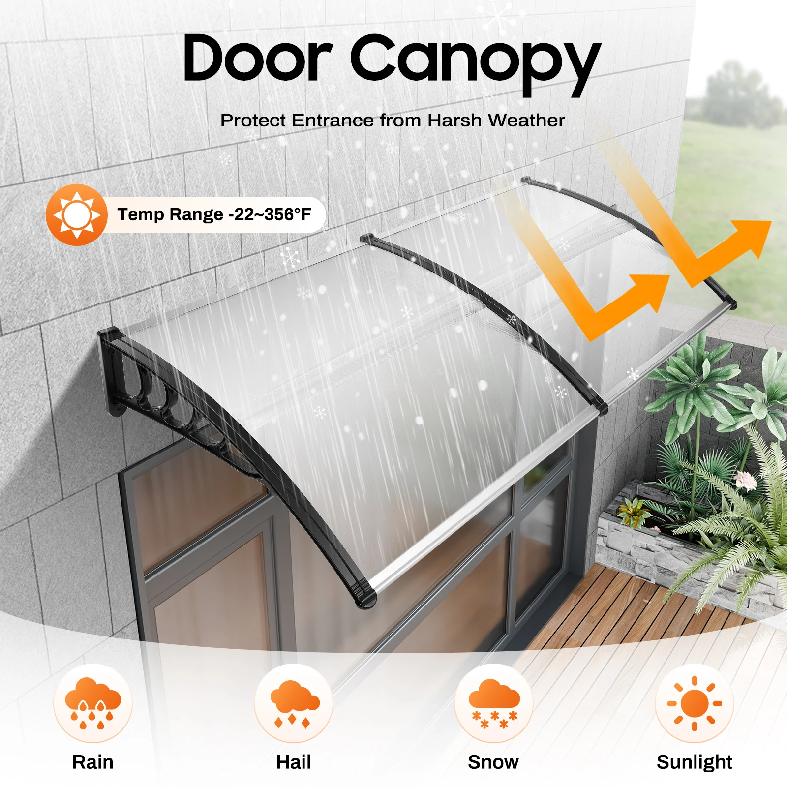 200x90cm Transparent Door Canopy Outdoor Sun Shade Wall Mounted Balcony Window Awning Rain Cover Weatherproof Hollow Sun Panel