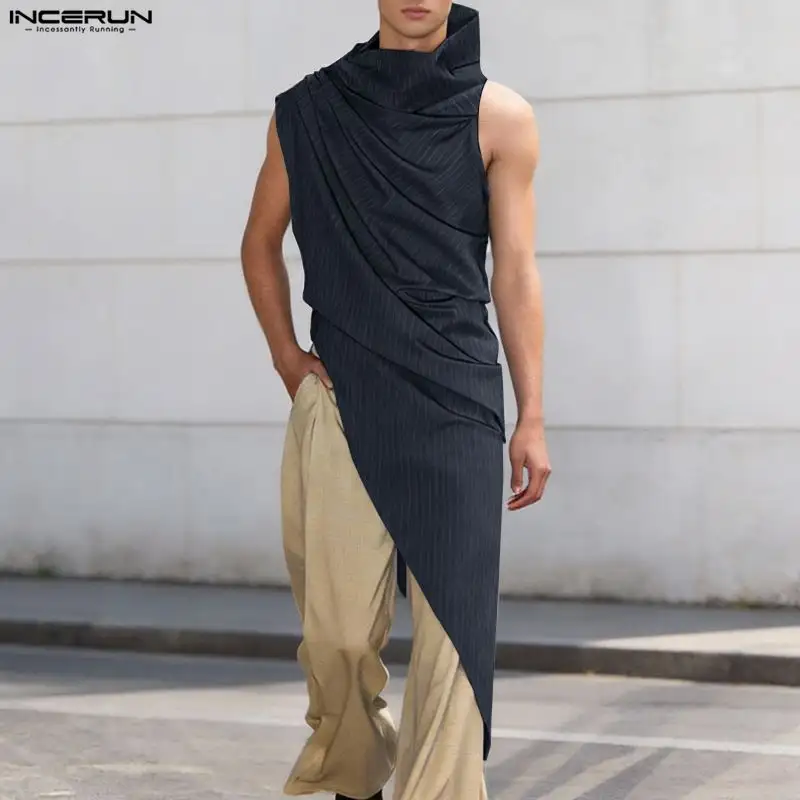 INCERUN Men's Irregular Tank Tops Striped Turtleneck Sleeveless Pleated Male Vests Streetwear Tops For Man Fashion Men Clothes - Image 2