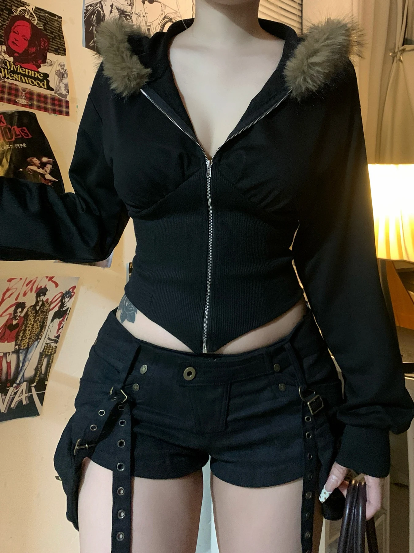 Cuteandpsycho Zip Up Fur Neck Hoodie Coats Fashion Slim Solid Y2K Vintage Women's Jackets Casual Streetwear Chic Basics Clothes 2