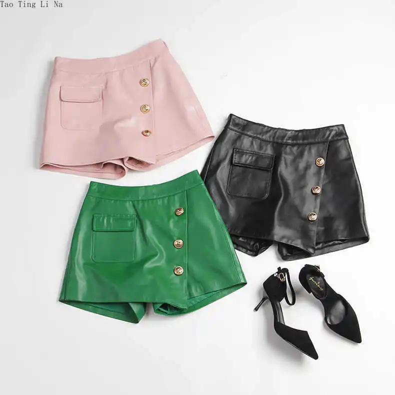 2023 Women New Genuine Sheep Leather Shorts High Waist Real Sheepskin Leather Wide Leg Shorts E12