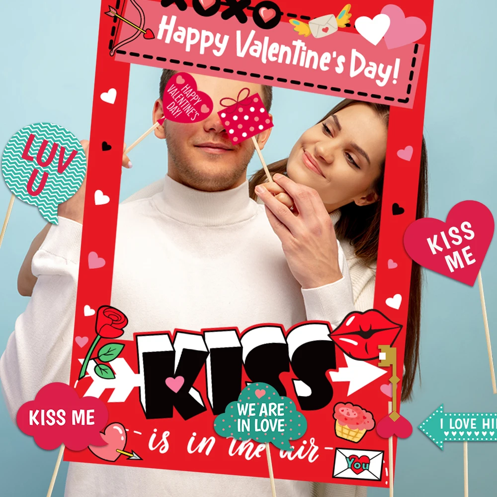 Valentine's Day Photo Booth Props Kit Love Heart XOXO Photo Props With Booth Frame Selfie Wedding Party Decorations
