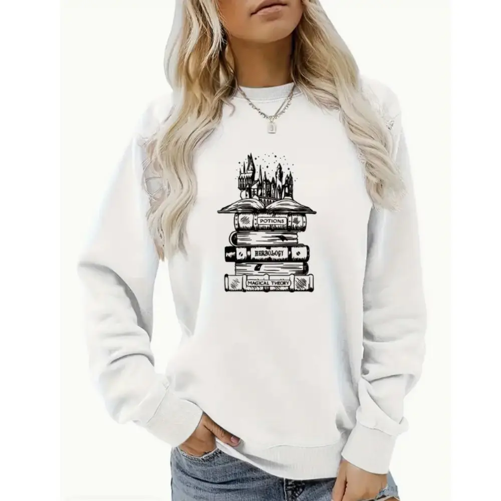 Plus Size Casual Sweatshirts Book Print Long Sleeve Crew Neck Slight Stretch Pullover Casual Tops Women's Clothing