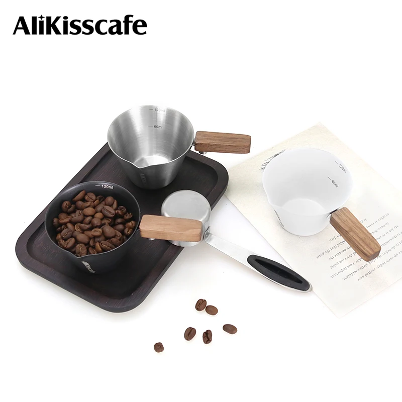 Elegant Stainless Steel Espresso Pouring Cup with Wood Handle & Precise Scale - 120ml