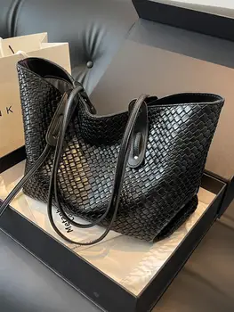 Retro Fashion Classic Solid Color Pu Woven Rhombic Lattice Design Double Handle Single Shoulder Large Capacity Tote Bag 1