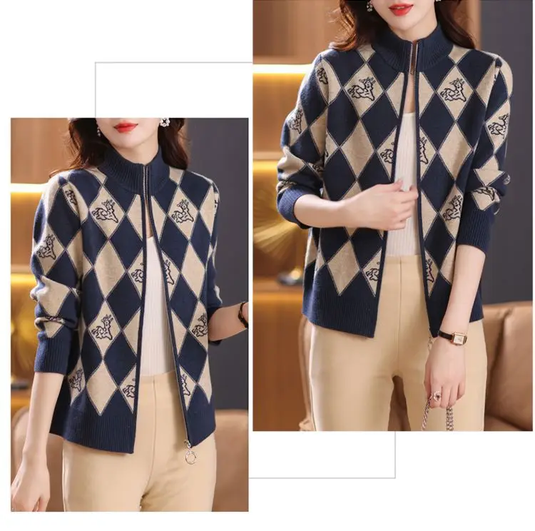 Women's Korean Vintage Plaid Sweaters Cardigan Autumn Winter Casual All-match Stand Collar Zipper Knitted Tops Female Clothing