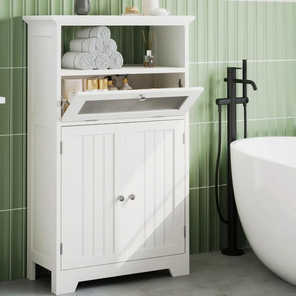 

Bathroom Cabinets Freestanding With 2 Doors Adjustable Shelf & Open Storage for Bathroom White Cabinet