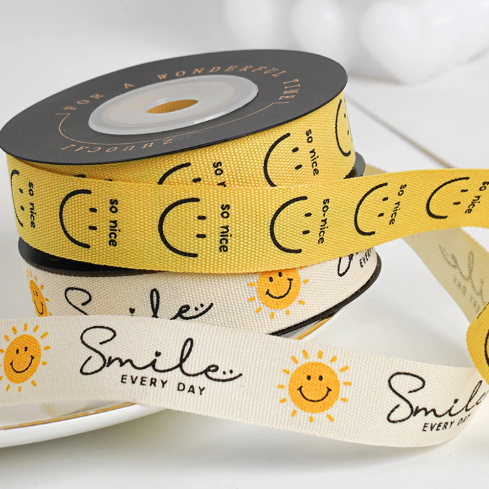 9 Meter 16MM Smiley Face Printed Webbed Korean Small Flower Clothing Accessories Polyester Ribbon HANDMADE Hair DIY Lace ribbon decoration ribbon supplies polyester ribbon