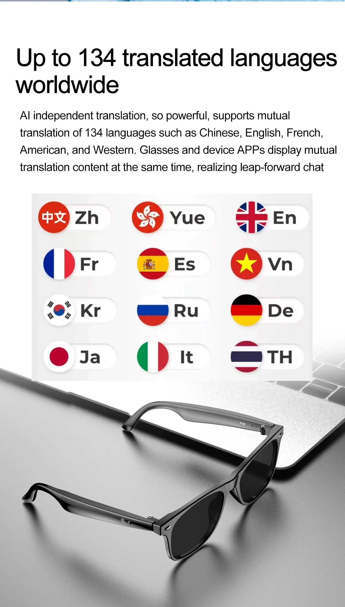W100 Smart Glasses 134 Online Language AI Automatic Dialogue Translation Bluetooth Glasses with Speaker Sports UV Protection voice translator language translator