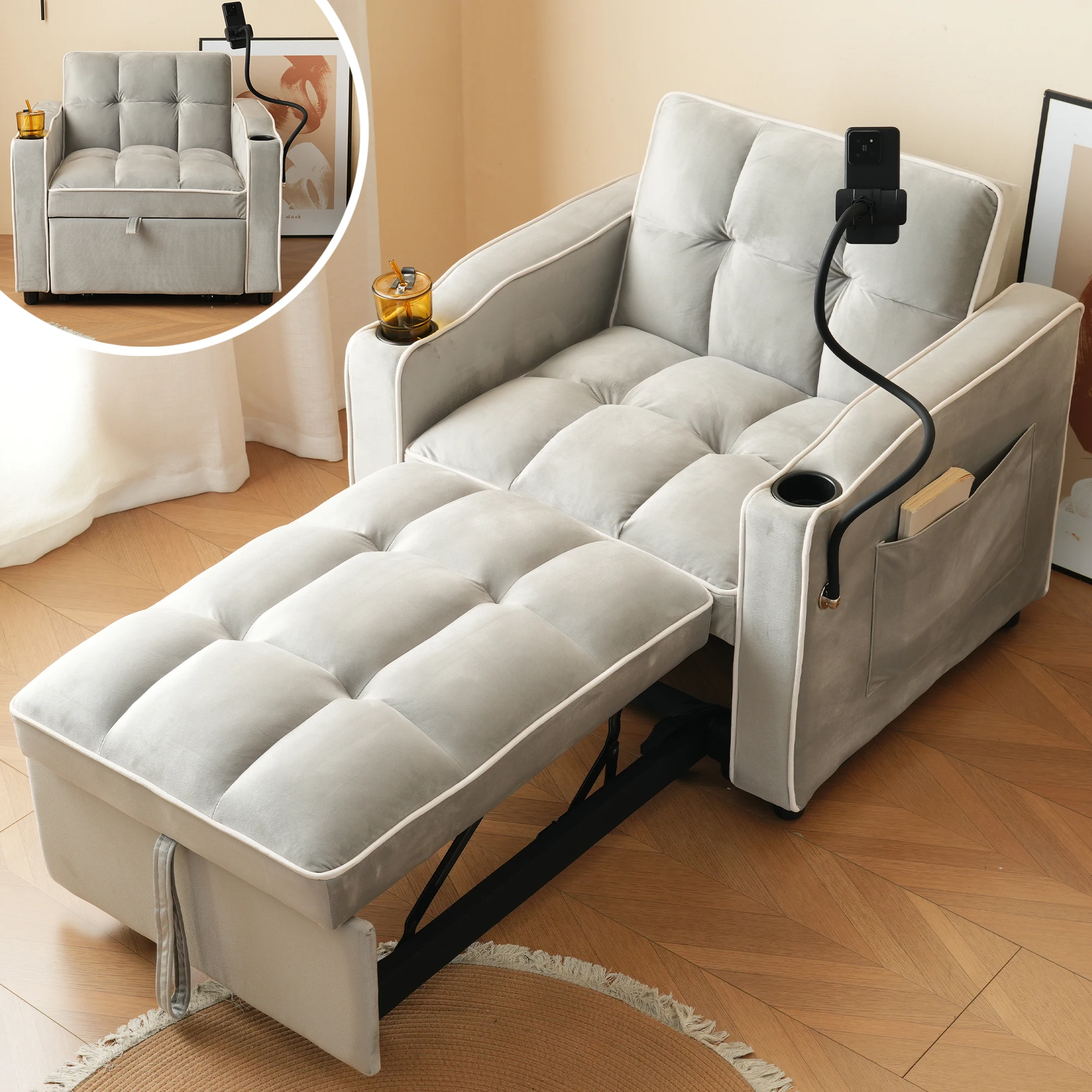 KOMHTOM 3 In 1 Ausziehbares Einzel Schlafsofa Sofa Liegestuhl Schlafstuhl Sessel Mit Getränkehaltern Und Handyhalter – Detail 5