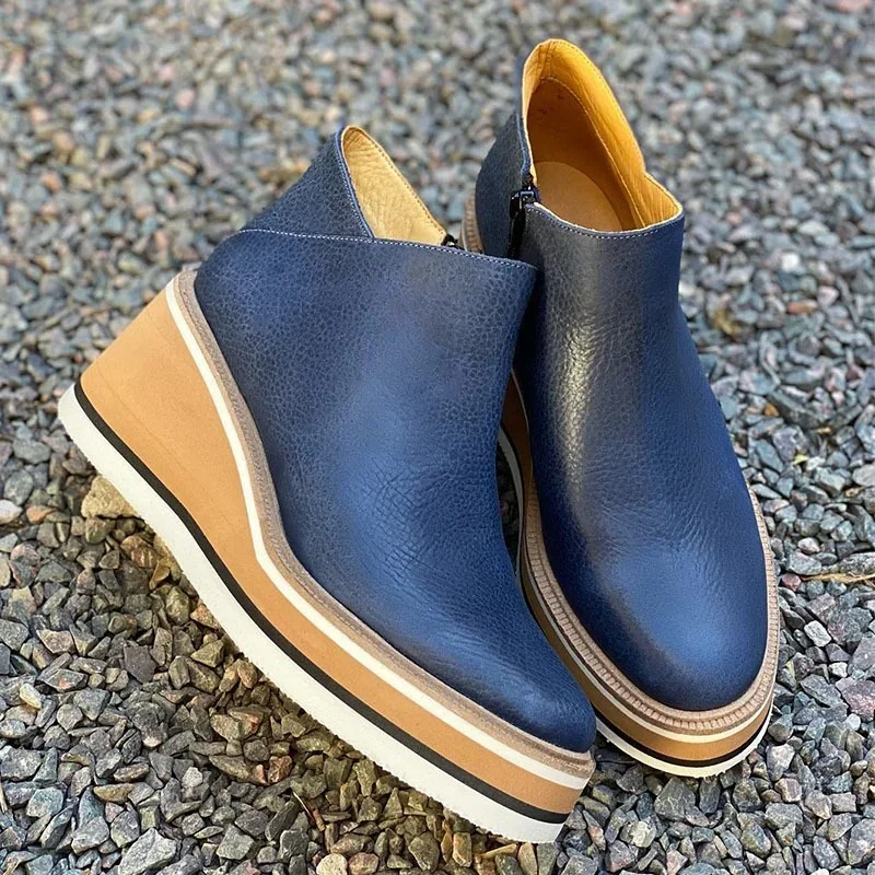 Fashion Women Short Boots Round Toe High Top Platform Wedges Retro Booties Soft Leather Zipper Comfortable Ankle Boots Woman