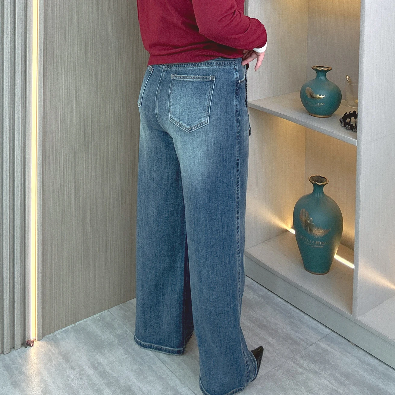 XXXXXL Fashion Plus Size Women's Wide Leg Jeans Autumn Elegant Silk lace-up Premium Denim Casual Long Pants 8376