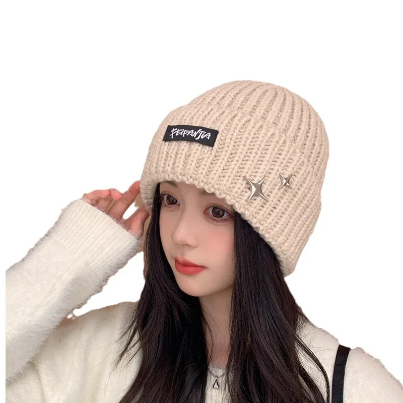 Solid Color Autumn Winter Hat Women Woolen Knitted Warm Beanie Cap Metal Star Ladies Girl Crochet Ear Protection Hat
