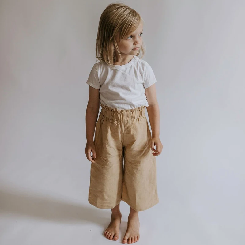Pantaloni Di Lino A Gamba Larga Per Bambini Con Tasche Estate Nuovi Pantaloni Casual Larghi In Cotone E Lino Per Ragazze Vestiti Di Lino Per Bambini T