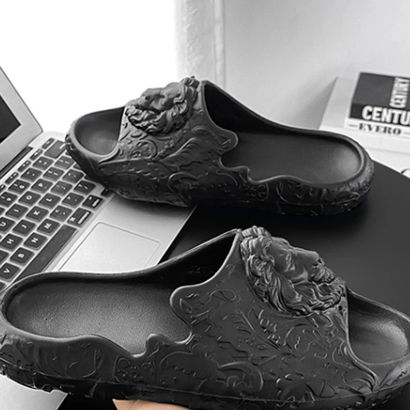 Men's Lion Graphic Design Trendy Solid EVA Sandals Comfortable Quick-Drying Slides for Indoor Outdoor Bathroom Summer Slippers