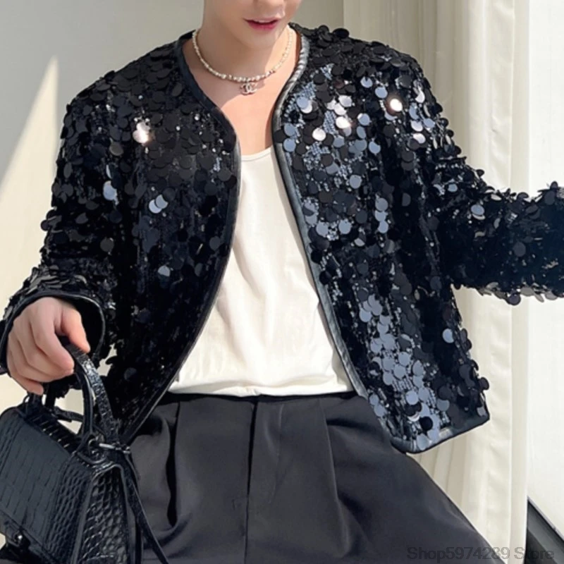 Shiny Sequins Jacket for Men Black Silver Sparkle Long Sleeve