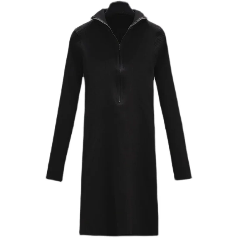 Autumn Winter 2022 New Knit Black Dress Long Sleeve Zipper Up Stand