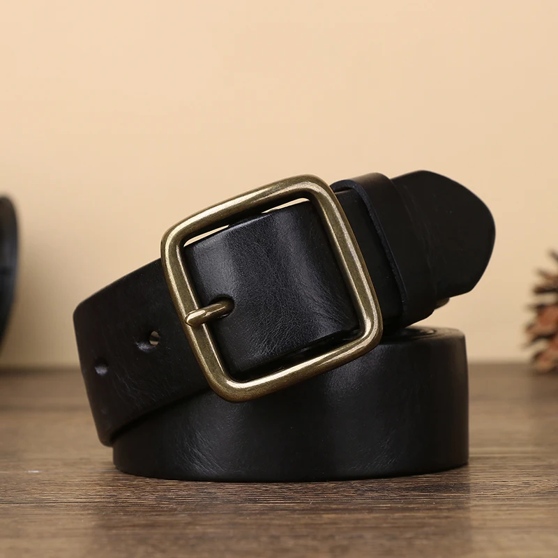 Vintage Handmade Leather Copper Buckle Man's Belt Cowhide Retro All-match Casual Jeans Soft Belts Lumbar Man