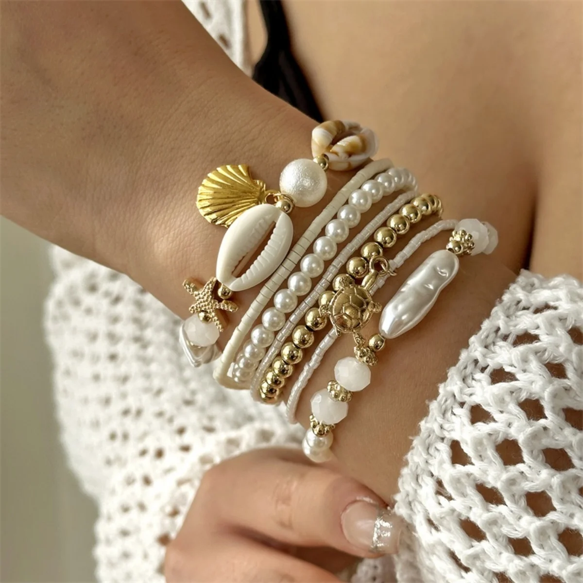 Armbänder aus Kunstharz mit Korallen, Muscheln, Seesternen, unregelmäßigen Kunstperlen für Damen und Herren, mehrlagiger Strand-Schildkröten-Armreif, Sommerschmuck – Detail 20