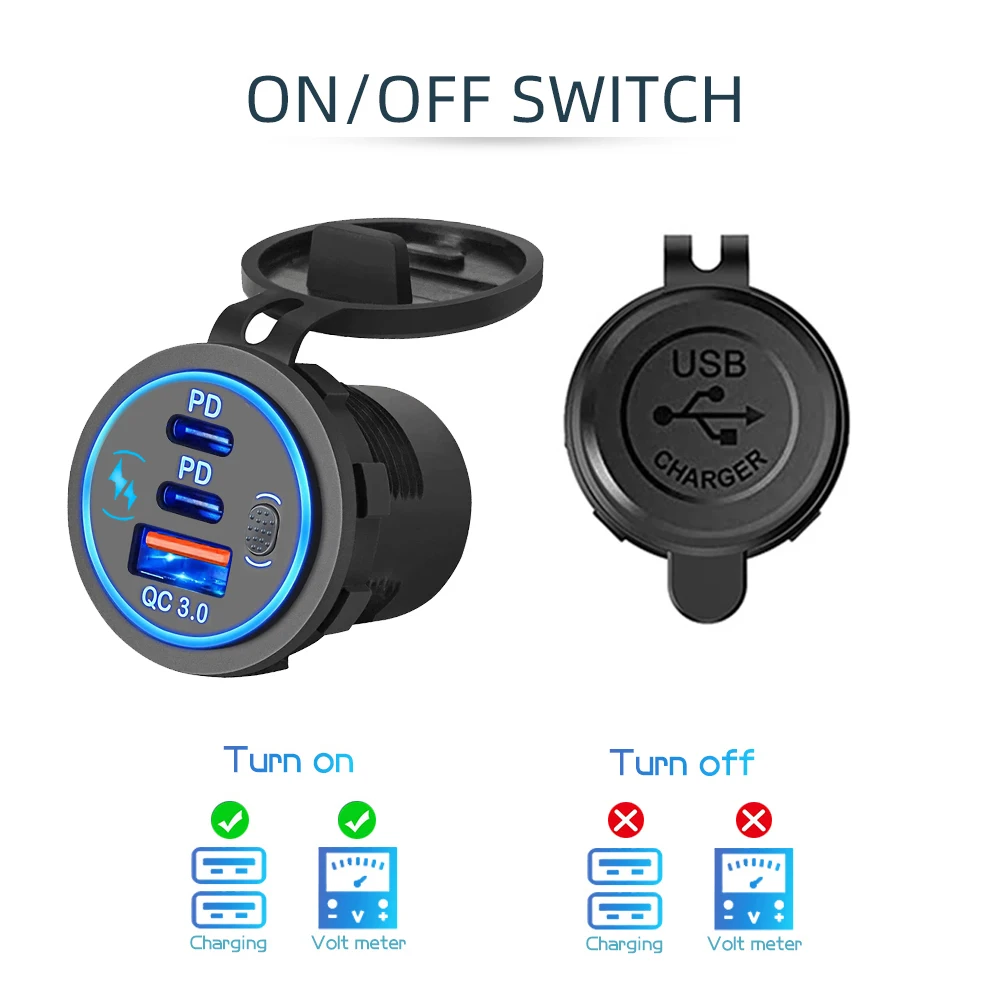 Prise USB Moto 54W étanche - 2 Ports (USB-A QC3.0 18W + USB-C PD3.0 36W) - 12V-24V, Avec Interrupteur