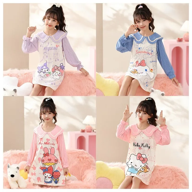 

Sanrios мультфильм My Melody Cinnamoroll Hellokittys Kawaii воротник принцессы пижама с длинным рукавом платье Милая Удобная ночная рубашка