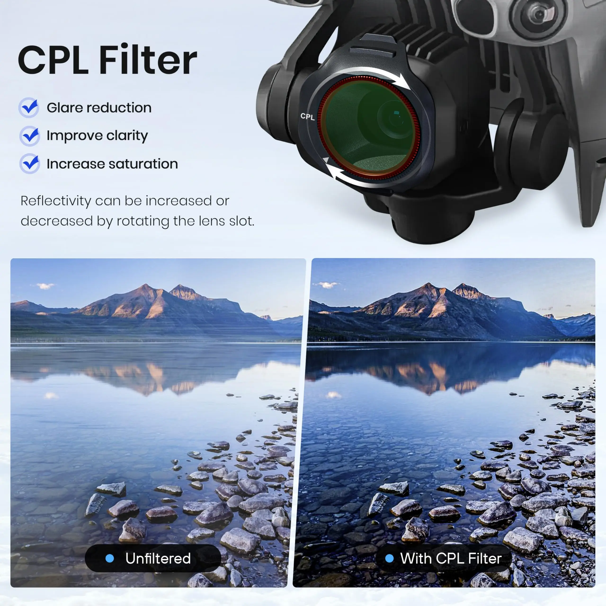 Vue rapprochée d'un filtre CPL pour DJI Mini 5 Pro, texture lisse et monture argentée.