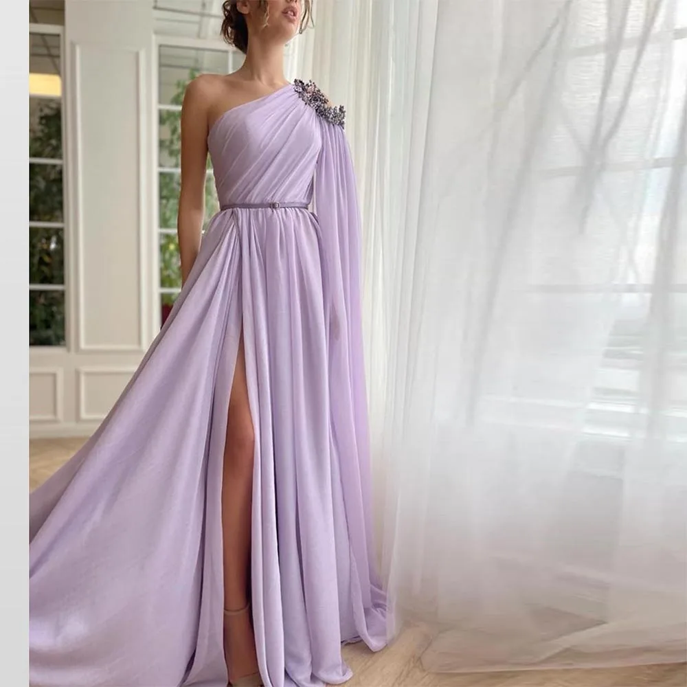 

Fairytale Elegant Lavender Chiffon Prom Dresses Beading Crystal One Shoulder High Side Split A-Line Arabic Party Evening Gowns