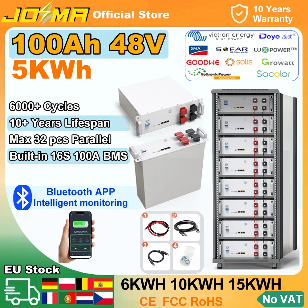 

LiFePO4 48V 100Ah Bluetooth Battery 150Ah 200Ah 6000+ Cycles 16S 100A BMS RS485 CAN Max 32pcs in Parallel Grade A Full Capacity