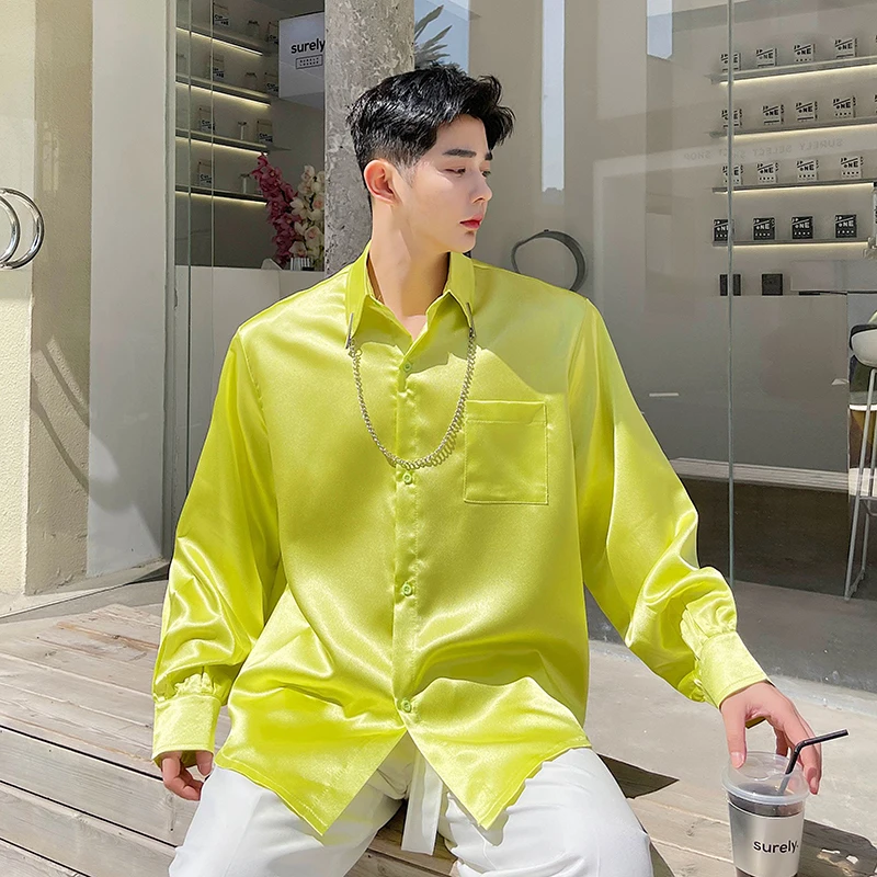 Senior Satin Silk Men Blouse Bright Color Streetwear Shirts Chest Pocket Spring Tops Party Banquet Dinner Night Club Chic Blouse